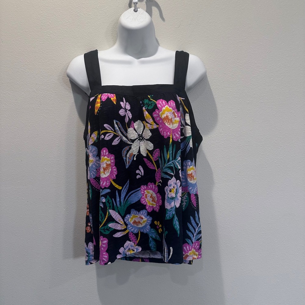 NWT C&C California Floral Linen Lyocell Tank Top Square Tie Shoulder Black L